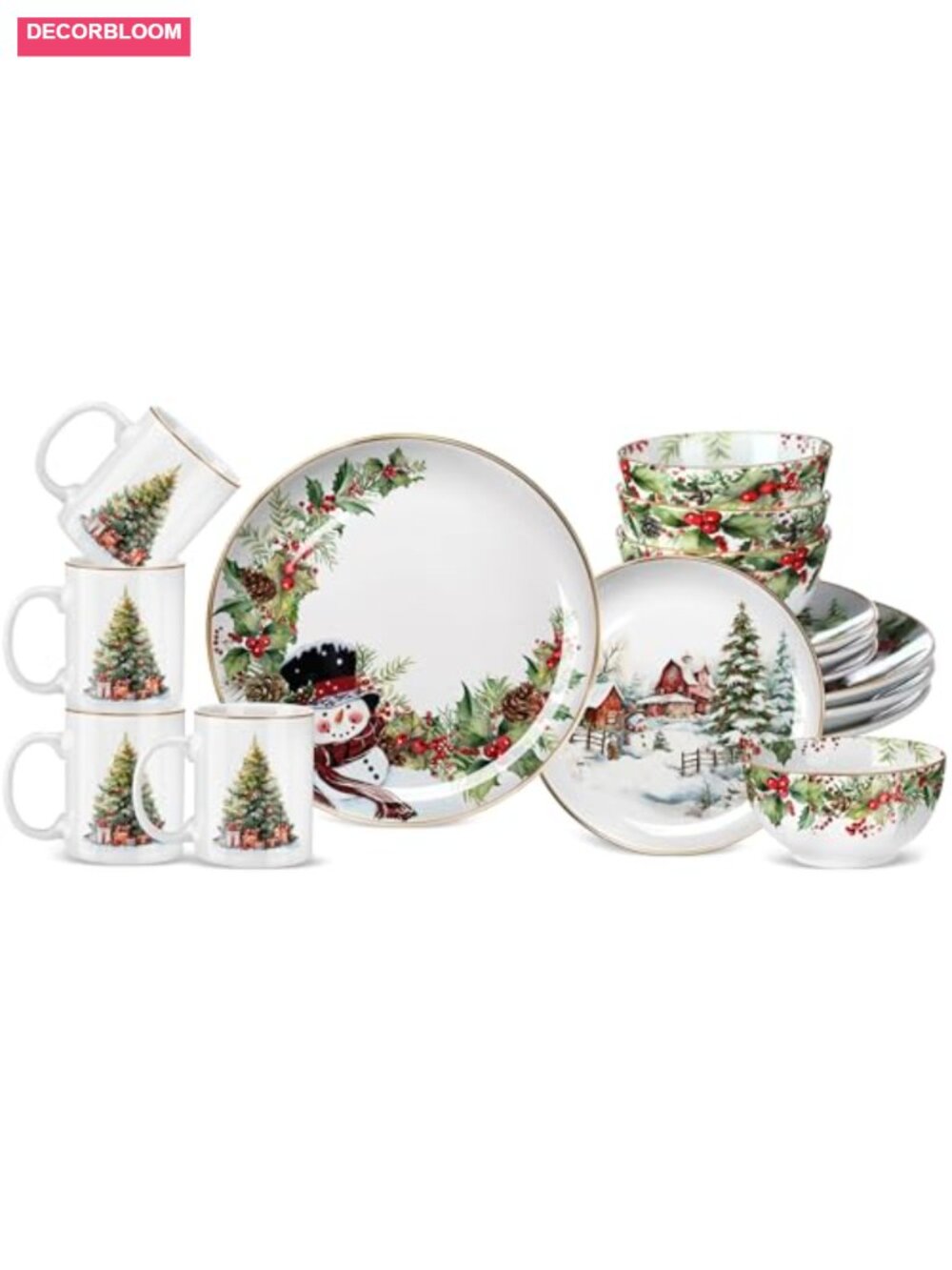 16 Pc Ceramic Christmas Dinnerware Set Snowman Plates Bowls Mugs